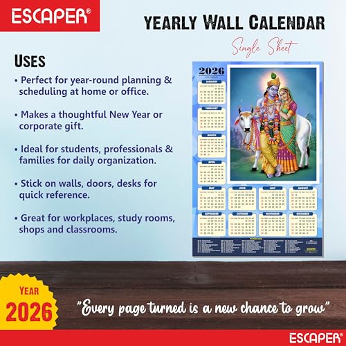 Image of ESCAPER Shree Krishna Wall Calendar 2025 (45 x 30 cm) - Radha Krishna Wall Decor, Laddu Gopal Photo, Bal Krishna Wall Calendar 2025, Religious Wall Calendar 2025, Bal Gopal Photo