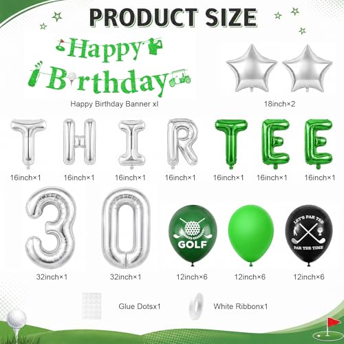 Image of 30th Golf Birthday Decorations for Men 30th Party Decorations for Him | Golf Print Balloons Happy Birthday Banner THIR-TEE Banner 30 Foil Balloons for Men Thirty Birthday Decor