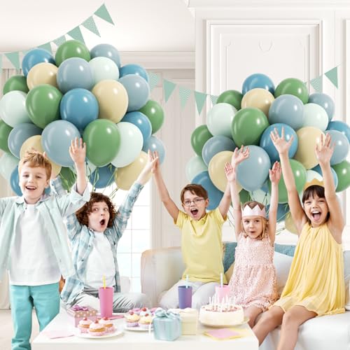 Image of 12inch Blue and Green Balloons with Sage Dusty Blue Pastel Green Balloons | Bridal, Woodland, Birthday, Baby Shower Decorations