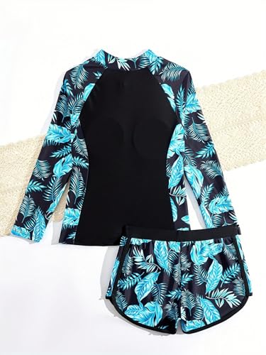 Big Girls UPF 50+ 2 Pieces Rash Guard Sets Floral Swim Shirts with Shorts Sporty Swimwear Green 11-12 Years4