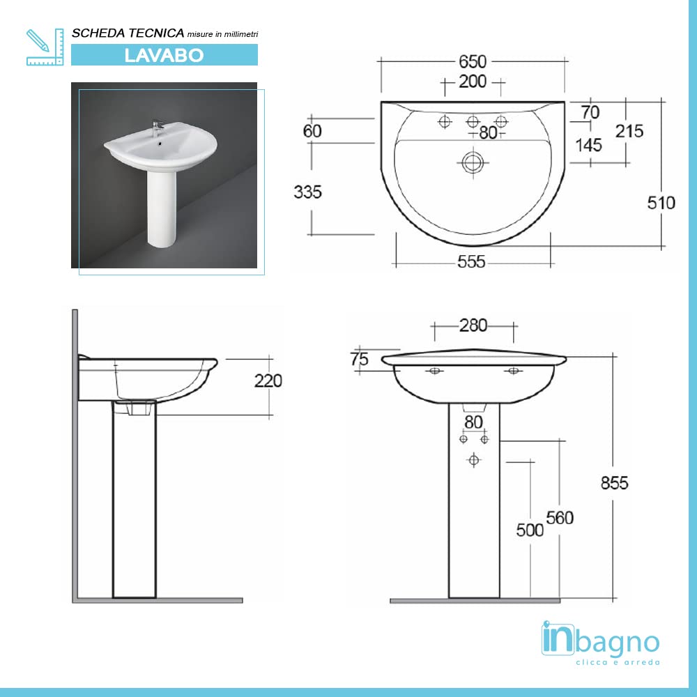 Inbagno Sanitari Bagno in Set, Completo di WC, copriwater, Bidet e lavabo 65 cm con Colonna