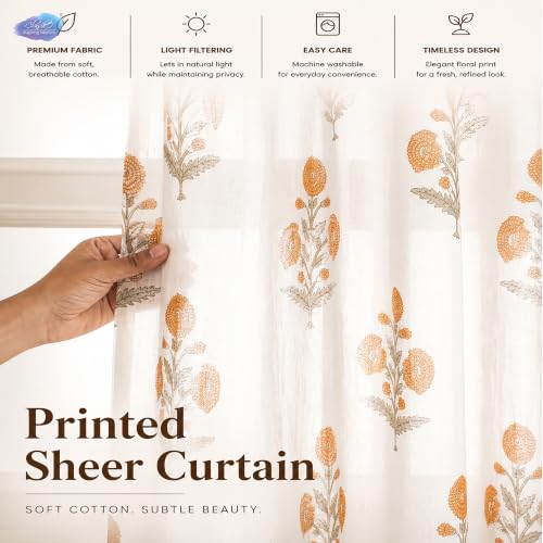 Image of Clasiko Block Print Sheer Door Curtains| 7 Feet | 40% Light Filtering Linen Textured Curtains with Eyelets & Tieback | Handcrafted Floral