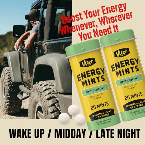 Image of Viter Energy 40mg Caffeine Mints - Sugar Free, B Vitamins, Vegan, Boosts Fast Energized Alert Focus, Caffeinated Nootropic Supplement Pills (Spearmint Flavor, 20pcs, 6 Pack, 120pcs Total)