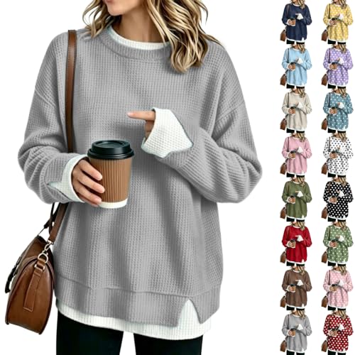 HswsEJ Womens Waffle Top Long Sleeve Crewneck Pullover Layered Sweaters - image 1