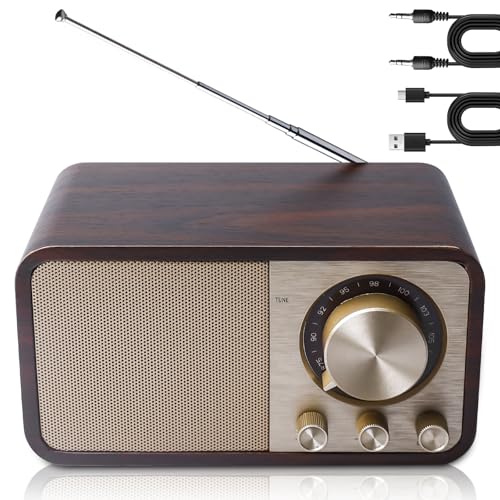 Radio retro con Bluetooth, radio nostálgico recargable con batería de 1500mAh, USB/tarjeta TF/AUX, altavoz de 5W con aspecto de madera vintage para cocina/dormitorio/oficina