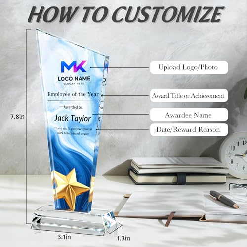 Image of Custom Crystal Trophy Award Personalized Plaque Award with Text Logo Photo Awards Trophies for Employee Recognition Team Graduation Personalized Office Gifts for Boss Coworker Teacher