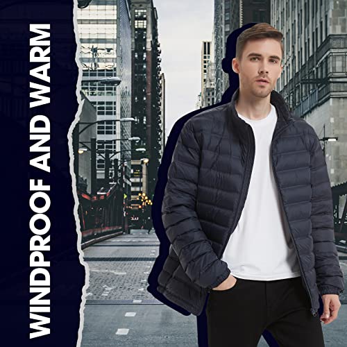 Image of Men's Fashion Thin Puffer Coat With Pocket Standing Collar Duck Down Winter Coat Lightweight Heat Retaining(Navy-8009#,L)