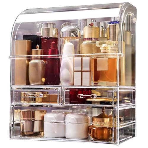 Suyoo Makeup Organiser Storage, X-Large Acrylic Clear Cosmetics Storage Display Case with Drawers, Perfume Makeup Organiser Box with Waterproof Cover for Counter, Bathroom, Dresser(Clear-XL)