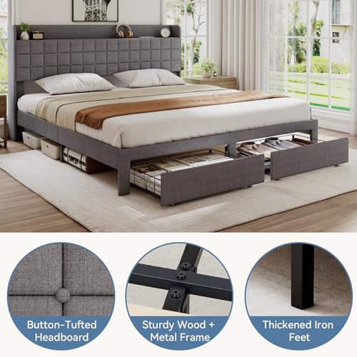 Image of King Size Storage Bed Frame, Square Tufted Headboard, Platform Bed with 2 Underbed Drawers at Foot, Wooden Slats Support, No Box Spring Needed, Dark Gray