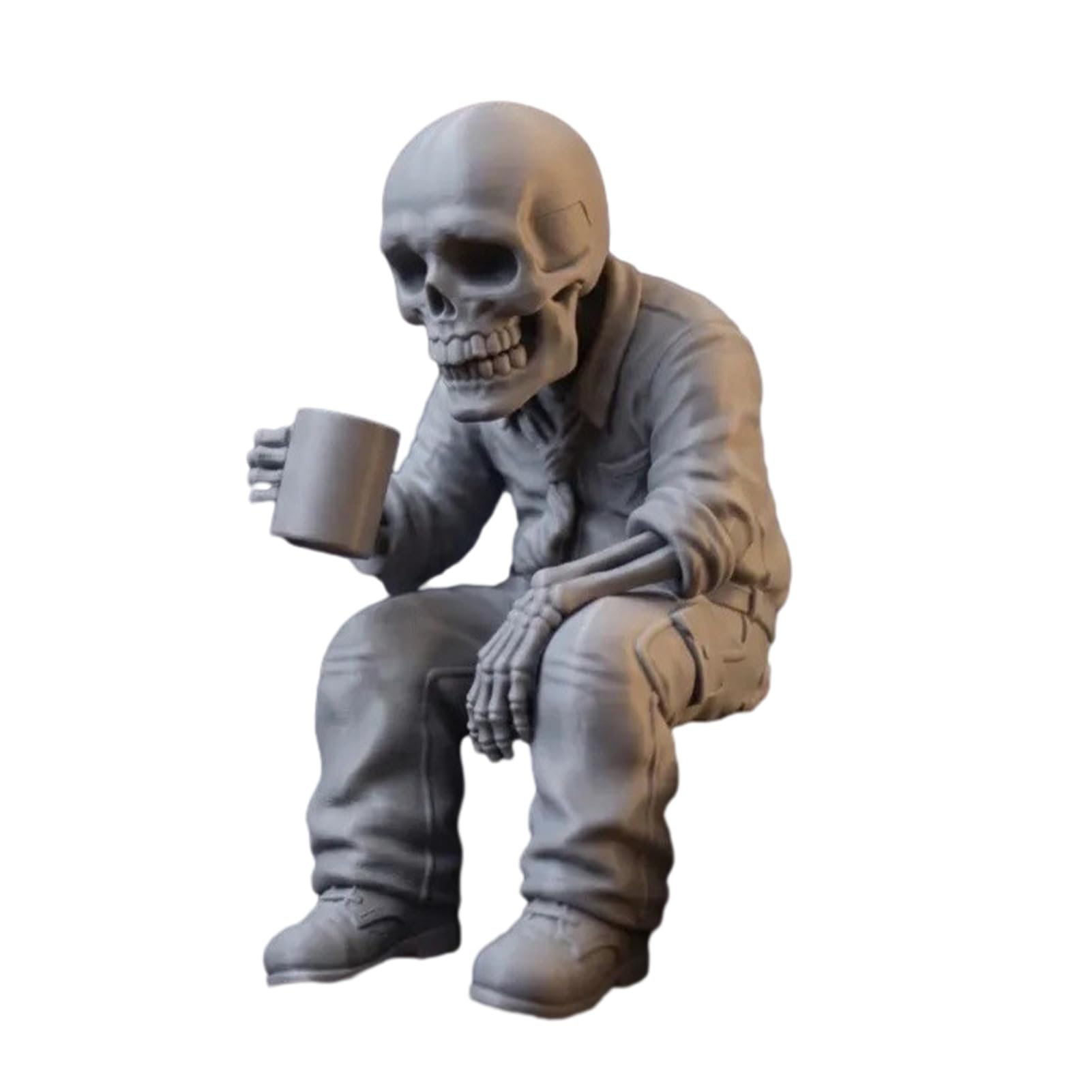 Porceosy 3D printed skeleton statue, sitting skeleton with coffee cup, coffee drinking skull figurine, compact desktop ornament, office study table decoration Grey