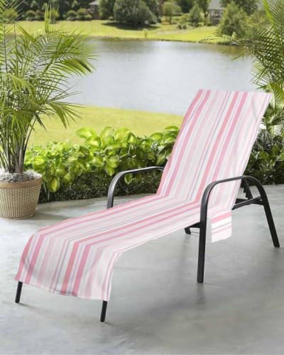 Geometric Pink Beach Chair Towel Covers for Chaise Lounge with Side Pocket, Soft Plush Pool Towels Cover for Patio Sunbathing Outdoor Gradual Solid White Shabby Chic Striped 29''x85''