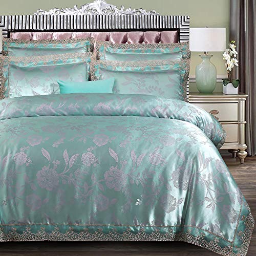 Beyeutao Queen Size Duvet Cover Lace Elegant Bedding Jacquard Duvet 3 Piece Green Bedding Sets King Fabric Satin Duvet Cover Set Pillowcases.(Light Green, Queen) #TOP1