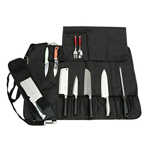 Chef's Knife Bag With 17 Slots Can Holds13 Knives,1 Meat Cleaver, And 3 Utensil Pockets, Multi-function Knife Roll With Handle, Shoulder Strap & Zippered Mesh Pocket Holder