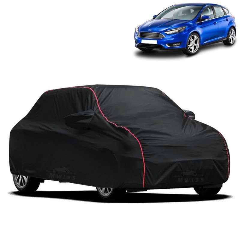 Image of Waterproof Car Cover for Ford Focus | All-Weather Protection, Dustproof & UV Resistant | Triple Stitched Mirror Pockets, Windproof Buckle Strap with Elastic Hem, Black-Red Piping