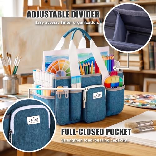 Image of JJRING Foldable Craft Organizer Tote With Zipper & Divider, Green | Portable Art Storage Caddy Bag For Scrapbooking, Sewing, Artist & Home