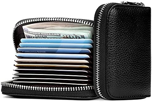 Migeec Credit Card Holder Wallet RFID Blocking Slim Card Case Genuine Leather Zipper Card Organizer for Women(Black)