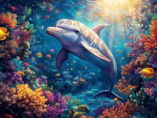 Pintar por Números Adultos delfín con pinturas acrílicas y pinceles para lienzo 50x70cm