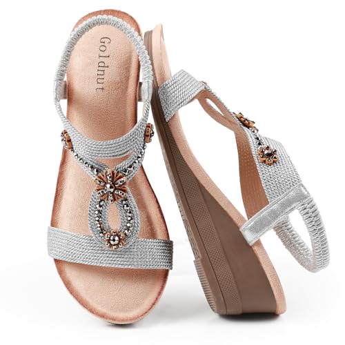 Image of Wedge Sandals for Women Dressy, Woman's Sandal Comfortable Low Wedges Heels Ankle Elastic Strap Sandles with Flower Rhinestones