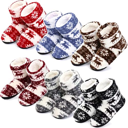 Liitrsh 6 Pairs Christmas Bootie Slipper Plush Boots Indoor Outdoor Slipper Socks with Sole Coral Fleece Booties with Grippers Deer Snowflake Warm Fluffy Shoes for Winter Gifts Home Women Man - Main Image