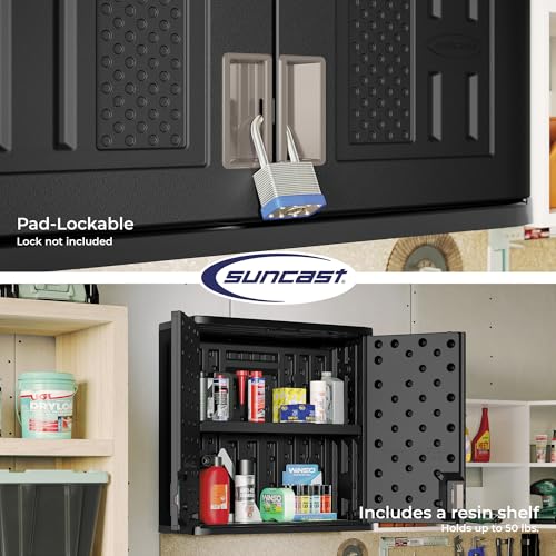 Image of Suncast Wall Storage Cabinet for Garage Organization - 4 Cu. Ft. Wall Mounted Garage Cabinet with Shelf for Garden Supplies, Paint Cans & Outdoor Tools, Multi-Wall Resin Construction, Black
