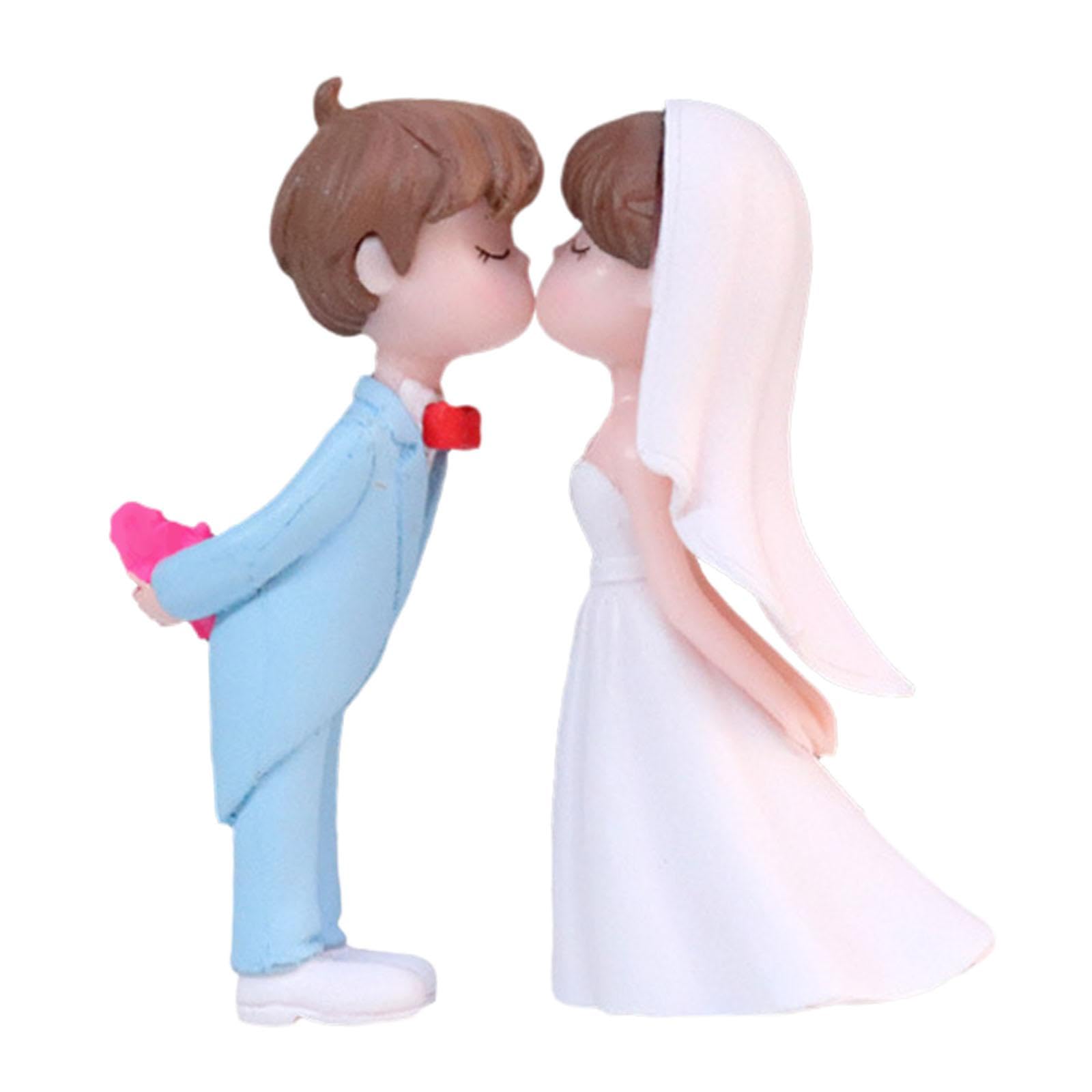 Folpus Rustic Wedding Cake Topper Bride and Groom Kissing Figurines Ornament Wedding Cake Dolls Topper for Anniversary, Birthday, Blue White