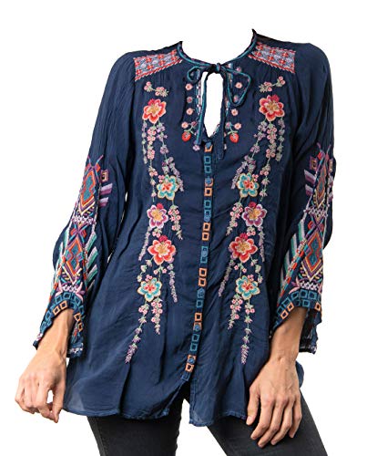 Johnny Was Blouse Hippie Boho Floral Flower Alaura Multi Tunic Blue Medium M New