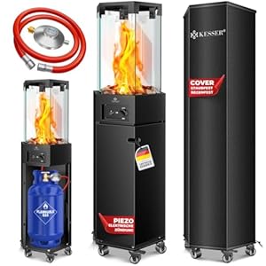 KESSER® Gasheizstrahler 4/8 kW Gas Piezozündung Heizung + Gasdruckregler + Cover, 360° Rollen Kippschutz, Terrassenheizstrahler Gasheizung Gasheizer Outdoor Kamin Mobiler Heizpilz, Heizer, Schwarz