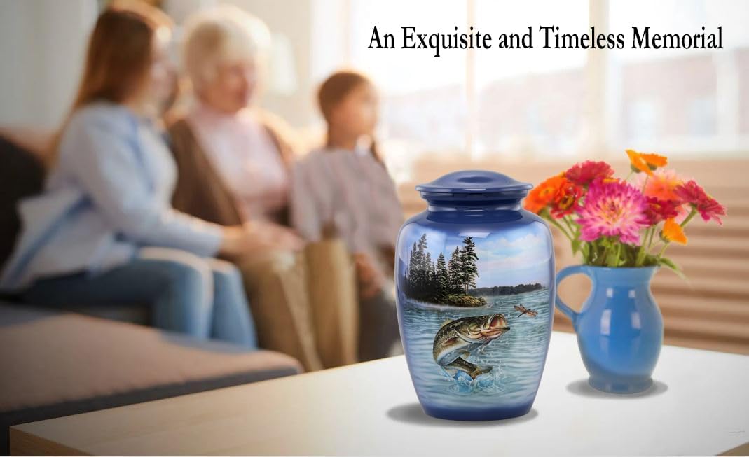 Gone Fishing Bass Cremation Urn – Adult Urn for Human Ashes up to 210 lbs – Fisherman Tribute Memorial Funeral Urn for Men and Women – Full Size Bass Fish Urn with Velvet Bag (Large)