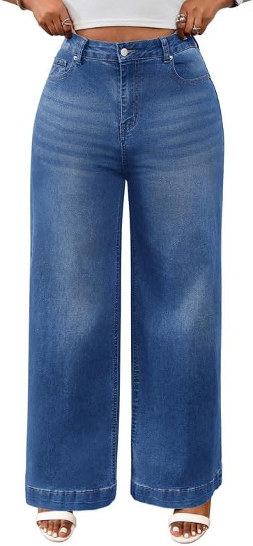 Women’s Wide Leg Jeans High Waisted Stretchy Straight Leg Jeans Loose Trendy Denim Pants with Pocket