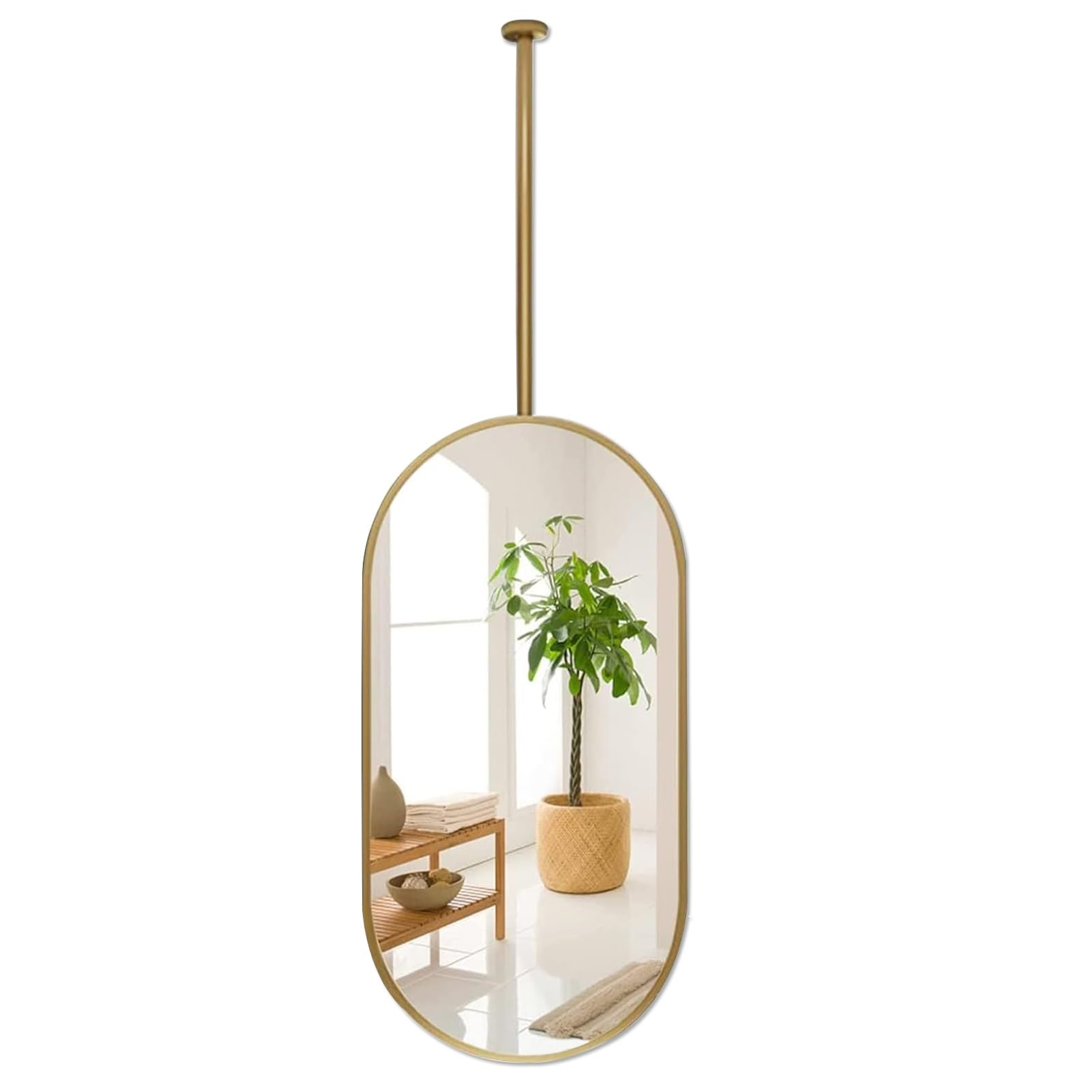 GLJTUO Oval Floating Bathroom Vanity Mirror, Clear and Practical Gold Metal Frame Ceiling Mounted Mirror Shaving Makeup for Home Hotel Decorative Simple - Customizable Rod,size_name-40cmx60cm