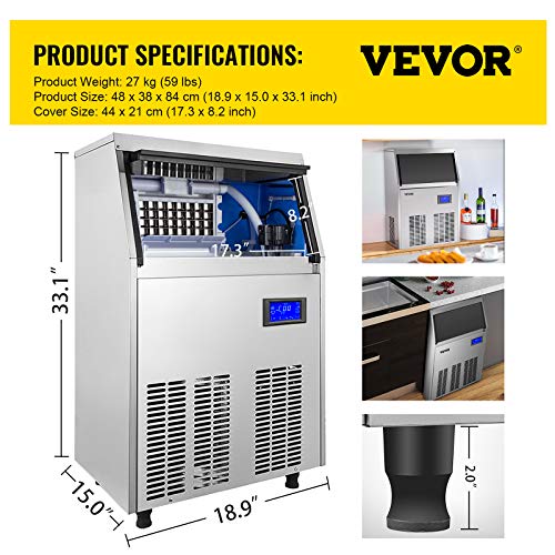 Vevor 110V Commercial Ice Maker 110-120Lbs/24H With 33Lbs Bin And Electric Water Drain Pump, Clear Cube, Stainless Steel Construction, Auto Operation, Include Water Filter 2 Scoops And Connection Hose #TOP7