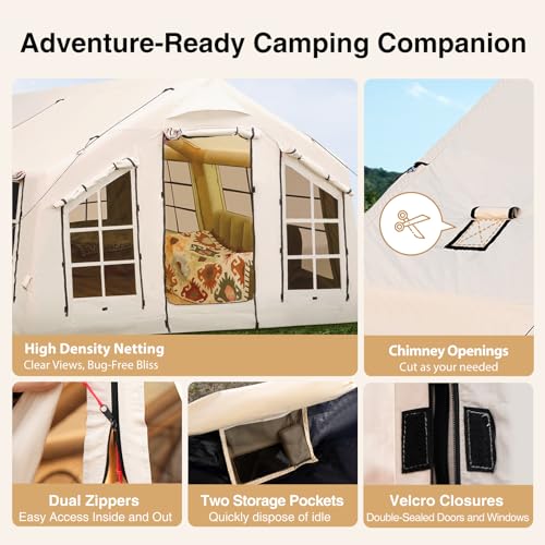 KNUO 2026 Upgraded Waterproof Inflatable Camping Tent with Rain Cover for 6~8 People, Large Blow-Up Air Tent, No Assembly Needed Luxury Glamping House, 12x15ft Oxford Fabric,Beige - Image 4