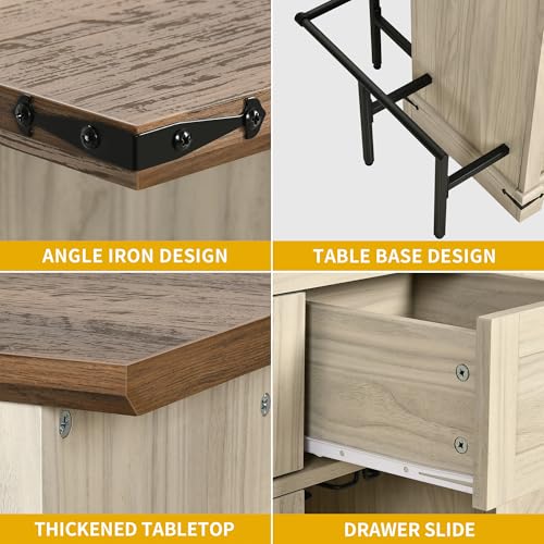 DWVO Home Bar Table Unit Cabinet with LED Lights & Drawer, 12-Glass Holder & Adjustable Wine Storage, Farmhouse Mini Bar Unit with Footrest for Living & Dining Room, Off White+Walnut Grain