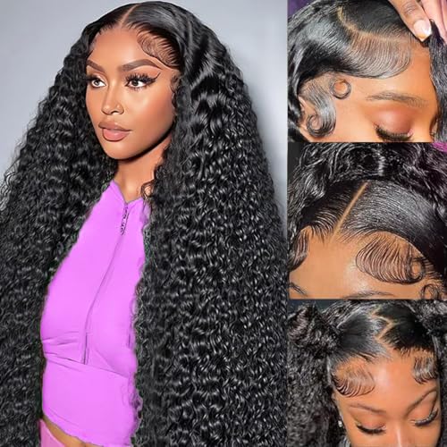 Image of 18 Inch Deep Wave Lace Front Wigs Human Hair 200 Density 13x6 HD Lace Frontal Wigs Human Hair Pre Plucked Deep Curly Glueless Wigs Curly Wigs for Women Natural Color