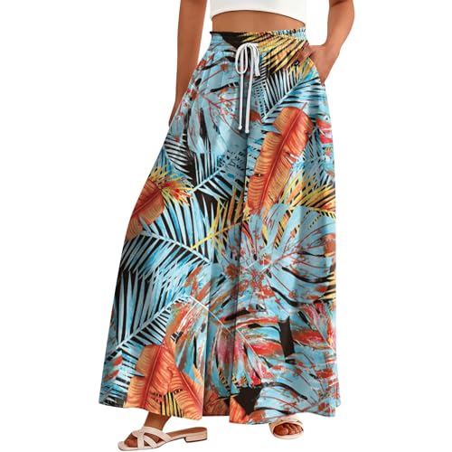 Women's Casual Tie Dye Pants Wide Leg Summer 2025 Floral Flowy Skirt High Waist Boho Drawstring Long Trousers3