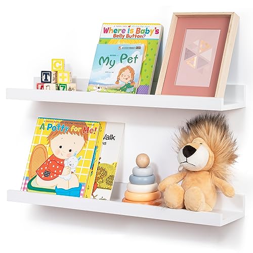 Image of Picture Ledge Shelf for Wall, 24 inch Solid Pine Wood Nursery Book Shelves 2 Packs, Floating Ledge Shelves for Kids' Room Bedroom Bathroom Living Room Photo Frames Office Nursey Wall Decor, White