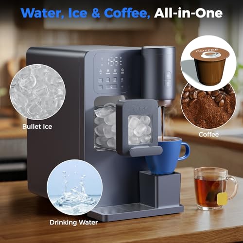 Image of 3-in-1 Water Dispenser with Ice Maker - Coffee Maker Countertop Bullet Ice Maker with 12H Timer, Hot /Cold /Warm Adjustable Volume Water, K-Cup Ground Coffee Brewer for Home Office Studio Gift