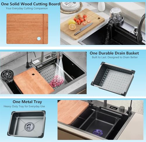 Image of Fosaa 30 inchx18 inchx9 inch 5-Year Warranty Original Smart Piano Waterfall Pure Premium Stainless Steel Model Kitchen Sink with Pull-Down Faucet, LED Panel & Display | Black Honeycomb Finish (2 Button)
