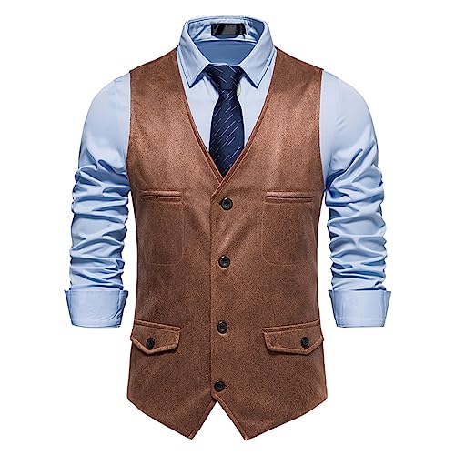Men's Vintage Multi Pockets Suede Leather Suit Vest Sleeveless V-Neck Western Cowboy Vest Jacket for Wedding Prom2