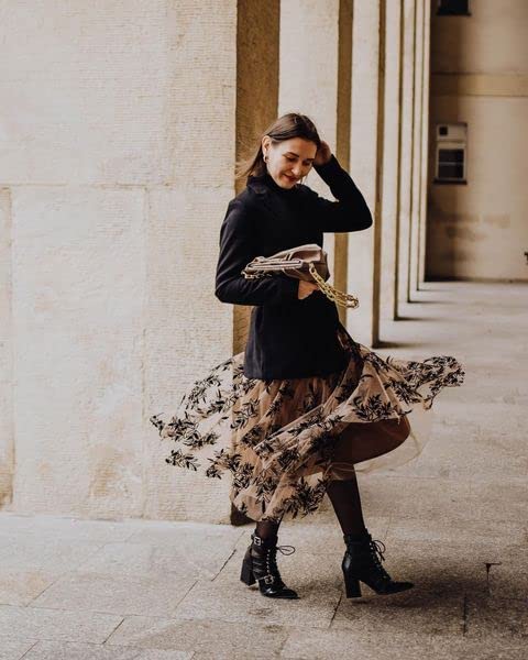 CHICWISH Women's Caramel 3D Leaf Double-Layered Mesh Tulle Midi Skirt2