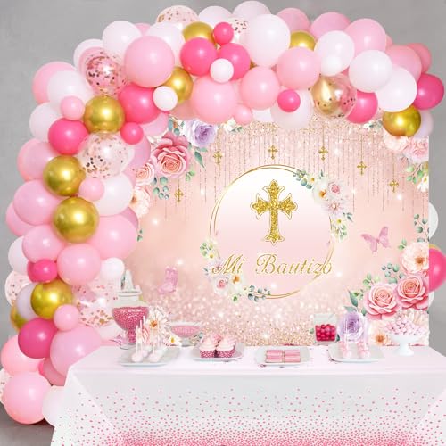 Fondo para Bautizo 240x180 cm Floral Rosa Cruz Dorada miniatura 5