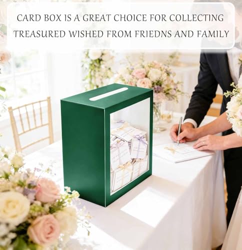 Image of SietDESEO Green Card Box for Party with Clear Window Large Gift Card Box Holder for Wedding Reception Birthday Graduation Baby Shower Raffle Ticket Box