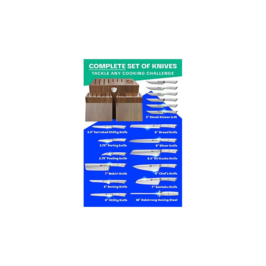 DALSTRONG Gladiator Series Elite-18pc Stainless Steel Knife Set with Block-High Carbon German Steel-Acacia Wood Block-Gift Knife Set w/White Handles-NSF Certified