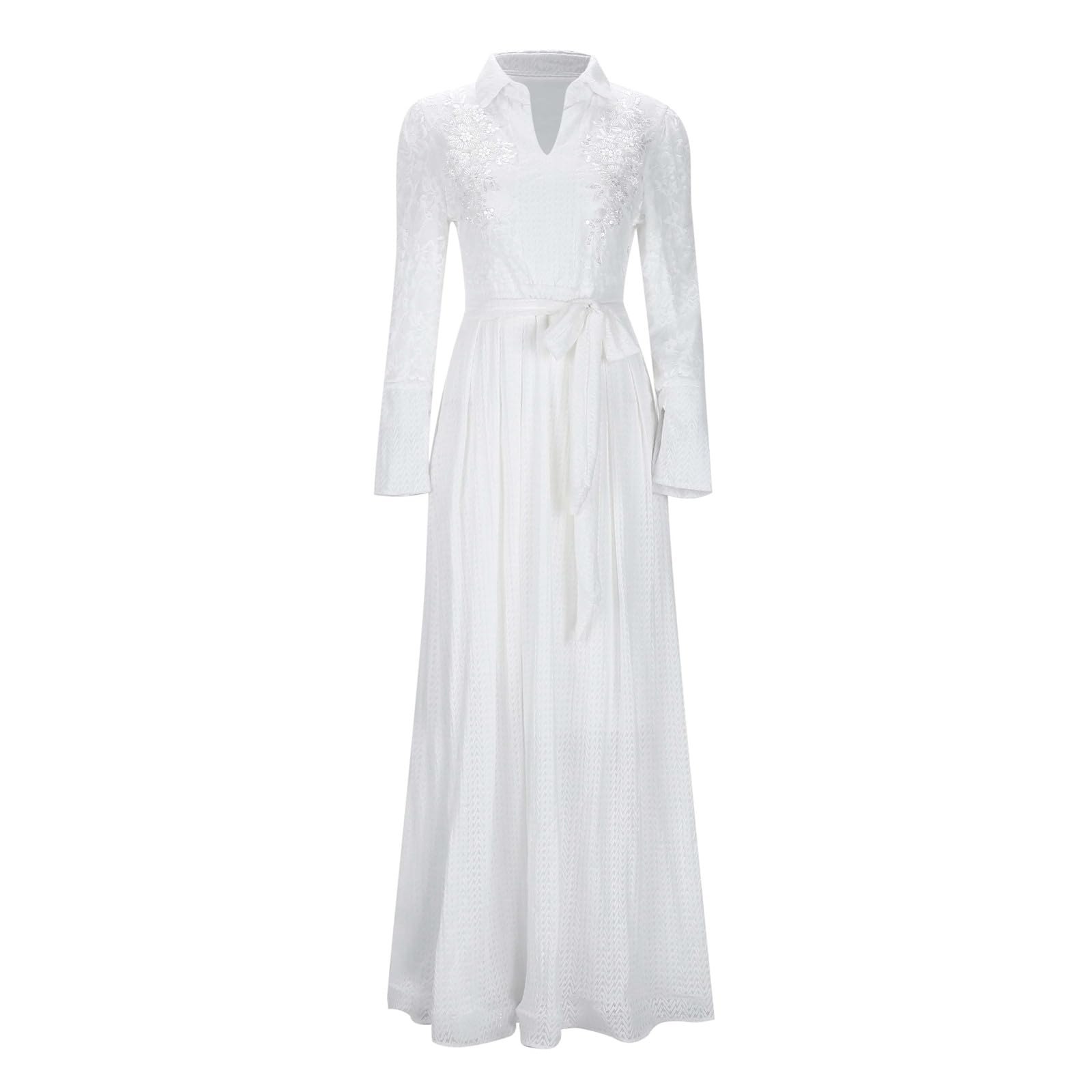 Robe de soirée élégante pour femme - Robe de mariage - Robe de fête longue - Broderie perforée - Robe trapèze plissée - Maxi robe de cocktail - Taille haute - Robe de bal