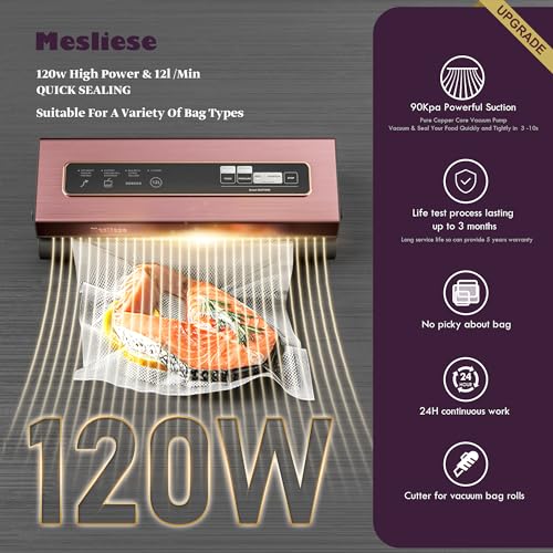 Vacuum Sealer Machine Powerful 90Kpa Precision 6-in-1 Compact Vacuum Food Preservation System Built-in Cutter, 2 Bag Rolls & 5 Pre-cut Bags, Dry&Moist Modes Smart Suction, ETL Listed (Pink)