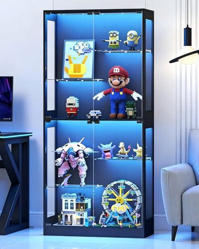 Lamtor 69-Inch Glass Display Cabinet - Curio Cabinet with RGB Lighting, Adjustable Shelves Display Case, for Game Room, Living Room, Bedroom, Black