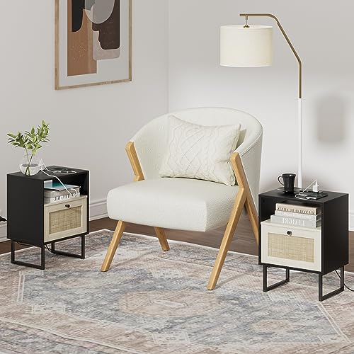 Image of Masupu Boho Night Stand, Small Rattan Side Table, Wood Nightstand with Drawer and Charging Station, Bedside Table with White Shelf, End Table for Bedroom,Living Room,Office (Black Mix White)