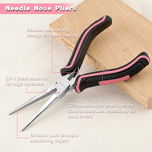LEONTOOL 6-Inch Needle Nose Pliers for Jewelry Making Pink Line Design, Chrome Vanadium Steel, 5.7 x 3.1 x 0.6 - Image 2