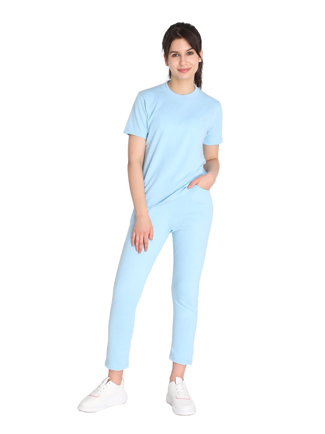 CHKOKKO Casual Solid Summer Wear Co ords Half Sleeves Round Neck Stylish Latest Track Suit Travelling Western Cord Set Pant and Top Set For Women SkyBlue M-picture-36