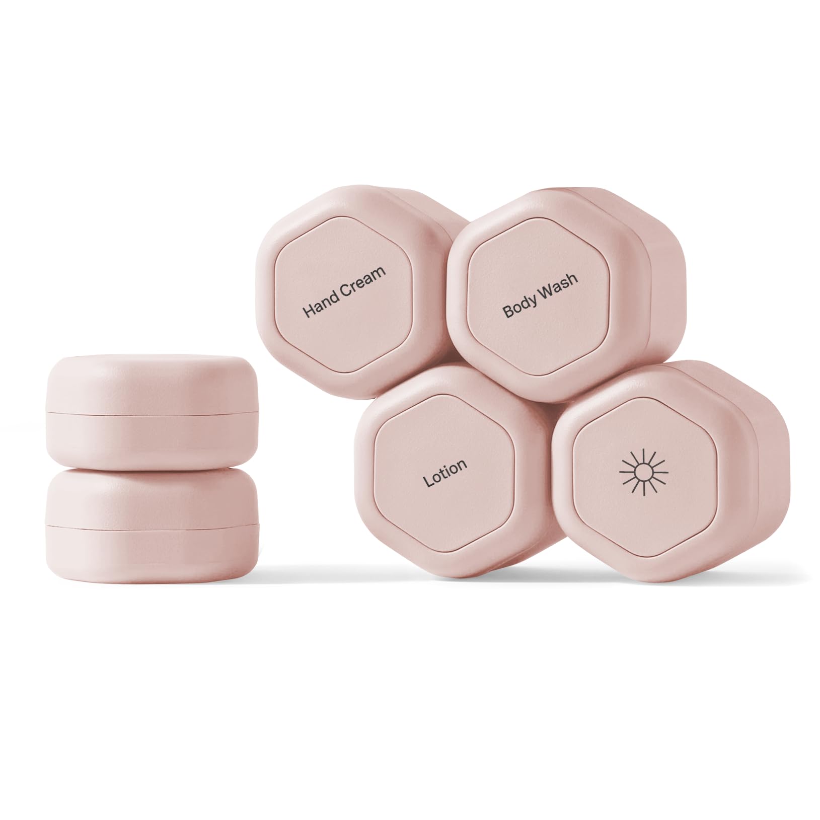 Cadence Travel Containers - 6 Piece Body Care Set - Magnetic Travel Capsules for Women/Men - 2 Small & 4 Medium Capsules - Lotion, Body Wash, Sun Icon